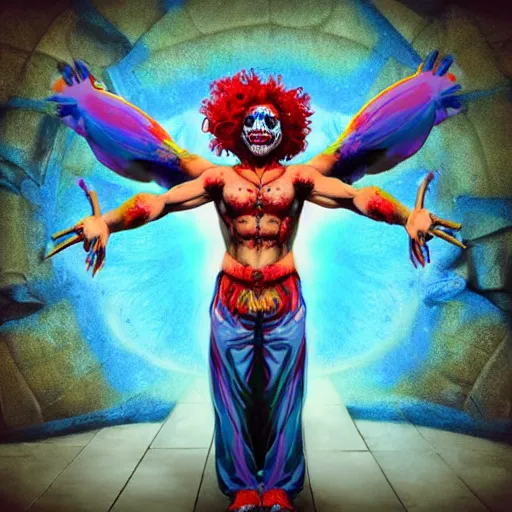 Image similar to 4K headshot of godlike clown with defined arms and open hands and bloody clothes with giant mandala wings , intricate clown face make-up , flawless anime cel animation by Kentaro Miura, psychedelic , highly detailed upper body , professionally post-processed , beautiful, scary, symmetry accurate features, epic, octane rendered, anime masterpiece, accurate