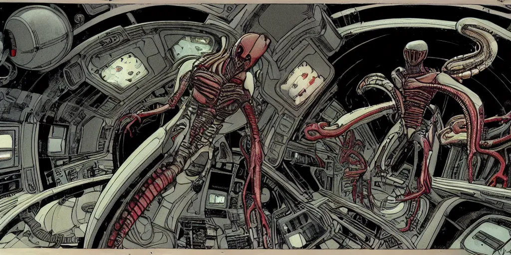 Image similar to wide angle illustration view of a xenomorph chasing a woman with black hair and biomech suit inside a spaceship with many screens and dials drawn by Moebius and Ron Cobb