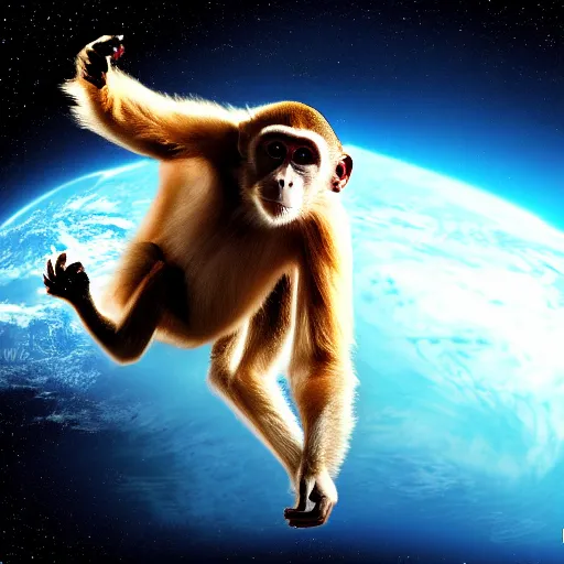 Prompt: photo of a monkey wearing a space suite in space, 4k wallpaper, high quality photo