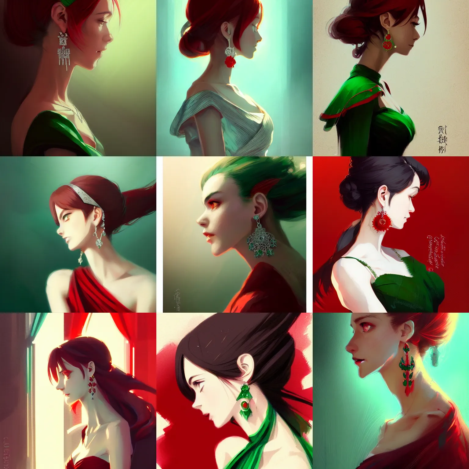 Prompt: gorgeous woman with silver earrings, wearing an elegant dress, side view, red and green colors, in the style of greg rutkowski, anime artstyle, intricate