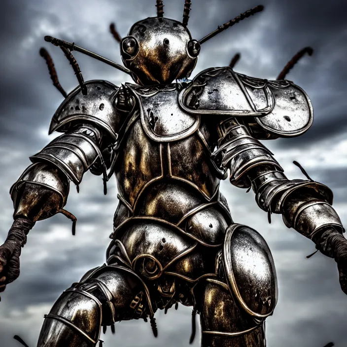 Image similar to photo of a warrior with metal ant themed armour, highly detailed, 4 k, hdr, smooth, sharp focus, high resolution, award - winning photo