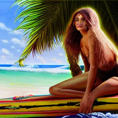 Image similar to a fantasy painting on oil of a beautiful female tiger girl tabaxi surfer girl druid catgirl leaning against a wooden surfboard on a sandy beach in the Maldives, artstation, andrei riabovitchev, nuri iyem, james gurney, james jean, greg rutkowski, highly detailed, Rossdraws, Bluesssatan, Mandy Jurgens, Stjepan Sejic