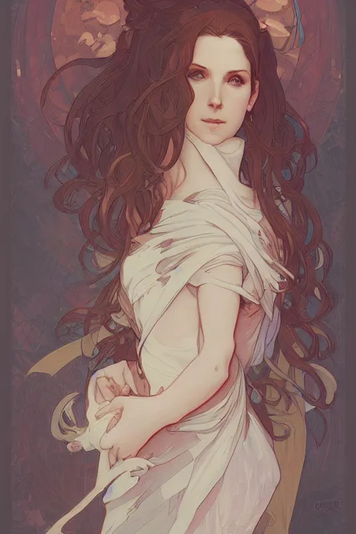 Prompt: goddess who looks like anna kendrick, by Krenz Cushart and Artem Demura and Alphonse Mucha, amazing detail, stunning lines, flat colors, 4K, character design, concept art