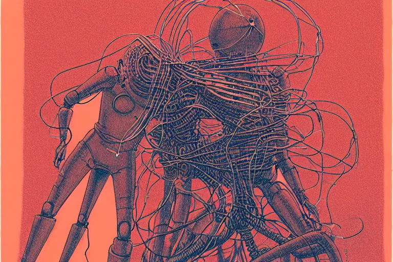 Prompt: risograph grainy drawing vintage sci - fi, satoshi kon color palette, gigantic gundam full - body covered with human bodies and wires, with lot tentacles, vermilion and black hues, codex seraphinianus painting by moebius and satoshi kon and dirk dzimirsky close - up portrait