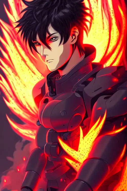 Prompt: a detailed manga portrait illustration of a dark haired cyborg anime man surrounded by fire, detailed artwork, realism, 4 k resolution, detailed, high quality, sharp focus, hq artwork, insane detail, volumetric lighting, character concept art, fine details, clear subject, central subject