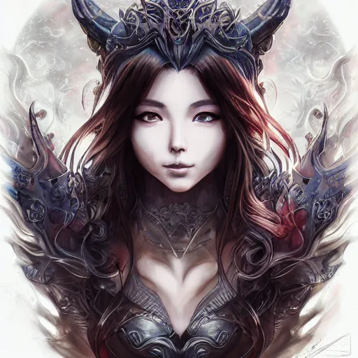 Image similar to judgement dragon, heroine, beautiful, playful smile, detailed portrait, intricate complexity, in the style of Artgerm, Kazuki Tanahashi, and Ross Tran, cel-shaded
