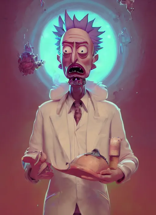 Image similar to fantasy portrait of drunk alcoholic rick from rick & morty, intricate abstract. intricate artwork, by greg rutkowski, wlop, beeple, dan mumford. concept art, octane render, trending on artstation, greg rutkowski very coherent symmetrical artwork. cinematic, key art, hyper realism, high detail, octane render, 8 k, iridescent accents