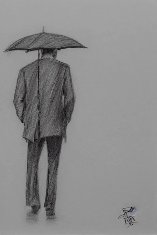 Prompt: a drawn man standing in the rain in a jacket with an umbrella. pencil sketch.