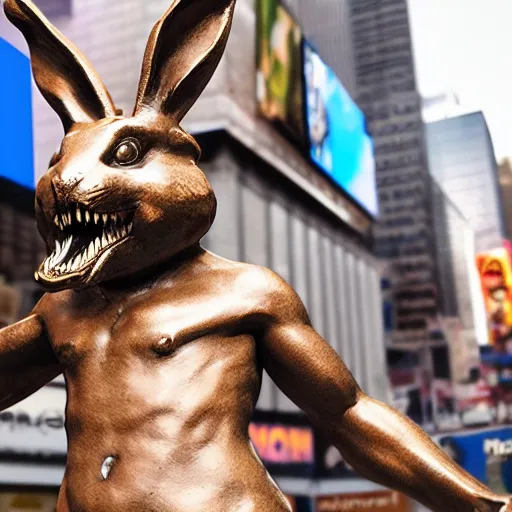 Prompt: a realistic bronze sculpture of a very scary bunny with sharp teeth made by michelangelo, standing in times square, 3 d render, hyper detailed, sharp focus, 8 k resolution