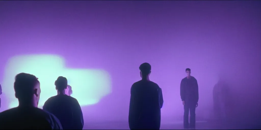 Image similar to cinestill of a giant form made of purple wax float through the living room film still from the movie directed by denis villeneuve with art direction, pouring rain menacing lights shadows, 8 k, hd, high resolution, 3 5 mm, f / 3 2, ultra realistic faces, lost highway