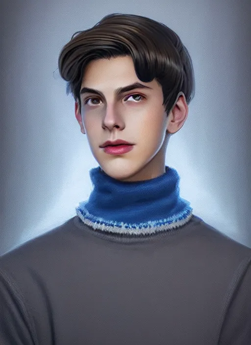 Image similar to portrait of teenage jughead jones wearing a light grey crown, crown, light grey crown, blue turtleneck, 1 9 5 0 s, closed eyes, intricate, elegant, glowing lights, highly detailed, digital painting, artstation, concept art, smooth, sharp focus, illustration, art by wlop, mars ravelo and greg rutkowski