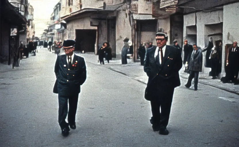 Prompt: 60s movie still of Josip Broz Tito with his general's cap in a sarajevo street with many pedestrians, by Irving Penn , cinestill 800t 120mm, heavy grainy picture, very detailed, high quality, 4k, HD criterion, precise texture