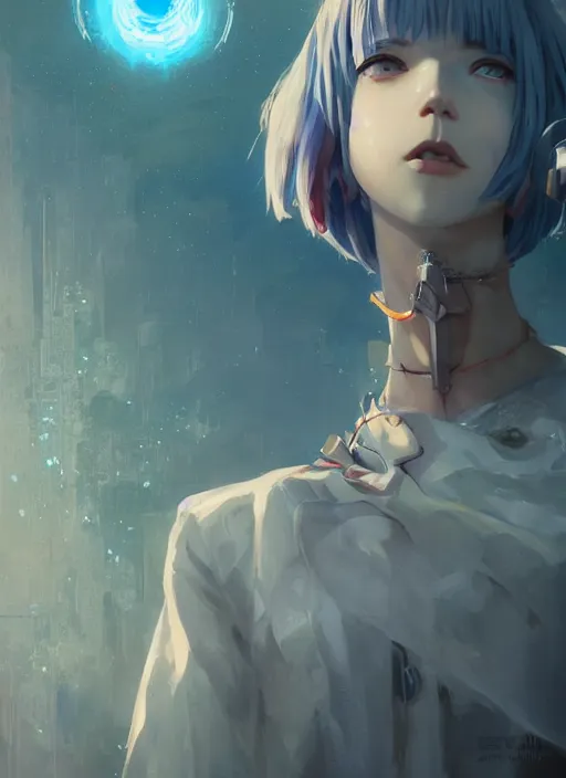 Image similar to highly detailed portrait of rei ayanami, stephen bliss, unreal engine, fantasy art by greg rutkowski, loish, rhads, ferdinand knab, makoto shinkai and lois van baarle, ilya kuvshinov, rossdraws, tom bagshaw, global illumination, radiant light, detailed and intricate environment