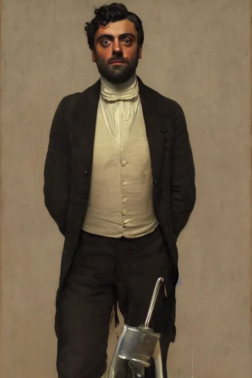 Image similar to body portrait of Oscar Isaac, colour painting by norman rockwell, guidi prime background by carl spitzweg