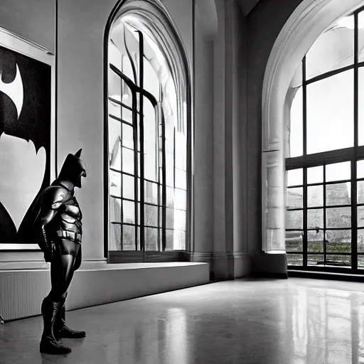 Image similar to Batman standing in giant Italian modern castle living room, clean minimalist design, that is 1300 feet tall, with very tall giant walls filled with modern art paintings, doors that are cosmic portals, photo by Annie Leibovitz