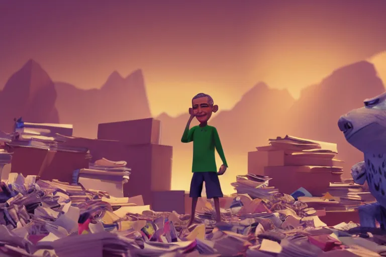 Prompt: obama nervously standing by a mountain of papers, still from a pixar movie, high quality 3 d render, movie, pixar, renderman, 4 k, artstation