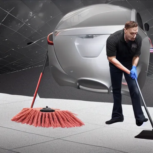 Image similar to a janitor using elon musk as a broom to clean the floor of a dirty empty planet, digital art, trending, award - winning, cinema