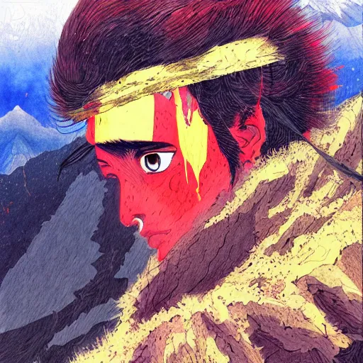 Image similar to painting of a lonesome warrior at the peak of himalayas, style of kentaro miura and conrad roset