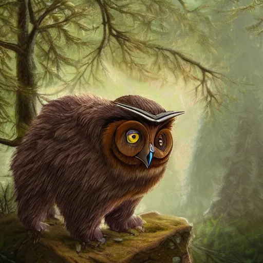 Image similar to three quarter portrait of an owlbear in the forest, d & d, fantasy, miro petrov,