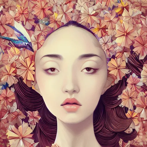 Image similar to long shot of a beautiful girl wearing an origami dress, eye - level medium shot, fine floral ornaments in cloth and hair, hummingbirds, elegant, by eiko ishioka, givenchy, by peter mohrbacher, centered, fresh colors, origami, fashion, detailed illustration, vogue, japanese, reallusion character creator