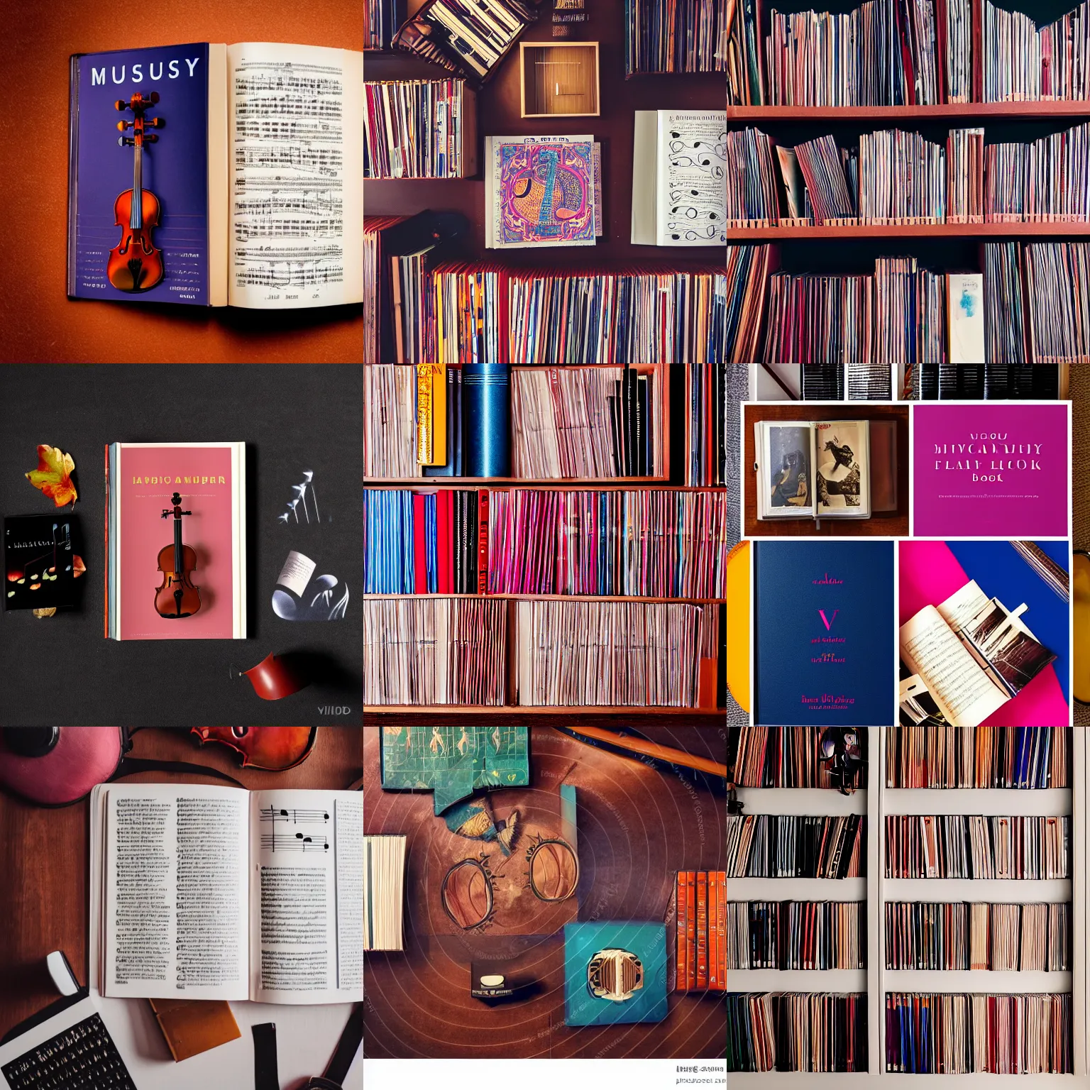 Prompt: flatlay music book collection, vivid colors, dramatic lighting, minimalist and clean, violin