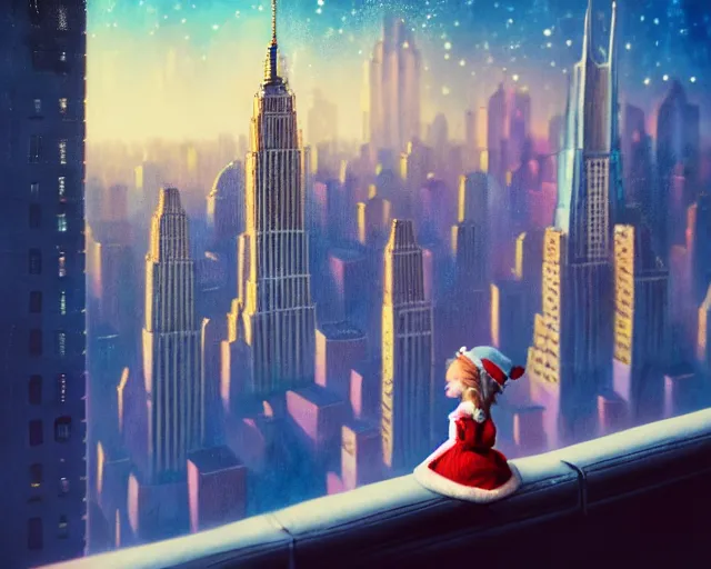 Prompt: a girl sitting on a ledge above a futuristic new york city below, pastel colors, nicoletta ceccoli, mark ryden, lostfish, max fleischer, depth of field, detailed and intricate environment, golden hour, 8 k resolution, hyperrealistic, octane render, vivid colors, bright, cheerful, detailed and intricate christmas environment