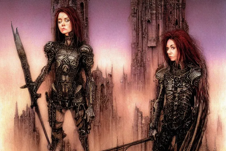 Prompt: cute young alyson hannigan with short hairs in medieval city by luis royo and wayne barlowe, beksinski