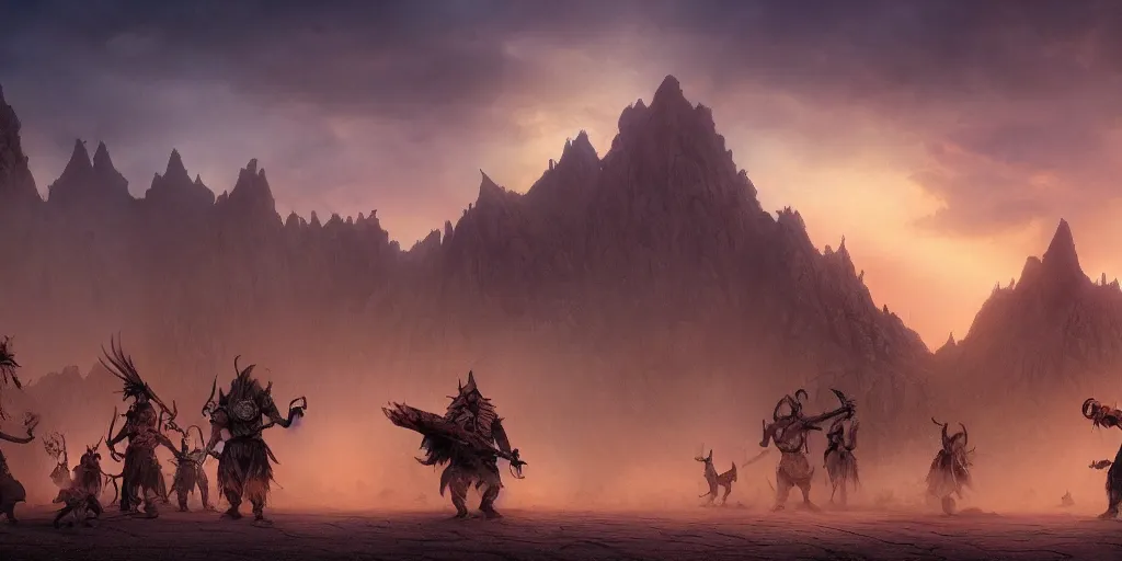 Prompt: orc village fantasy in a desert sandstorm. cinematic. burning skies. wideshot. matte painting by florent lebrun
