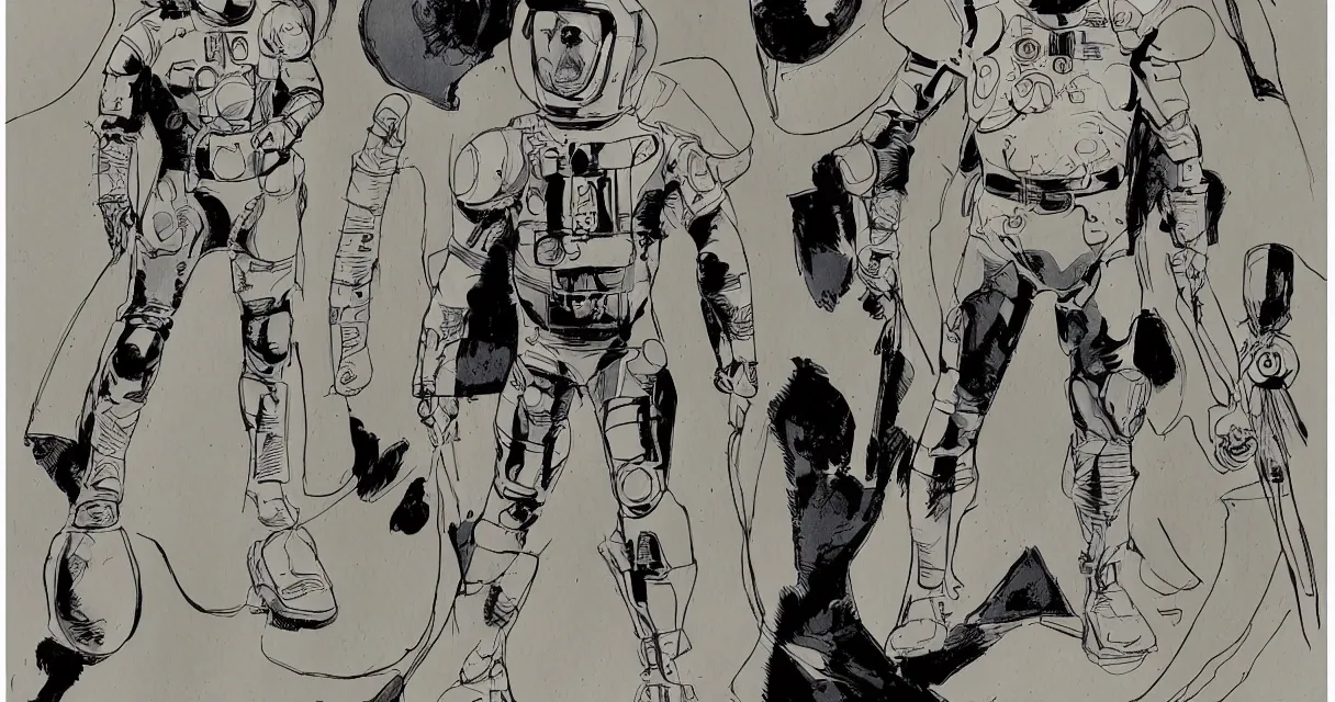 Image similar to male, heroic figure, space suit with a modern helmet, character sheet, science fiction, very stylized, concept design, pen and ink, digital painting, watercolor wash, by mike mignola, by alex maleev, jean giraud