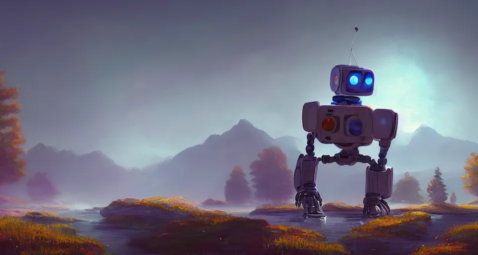 Prompt: a beautiful painting of robot bob ross making art, gigantic, octane render, brilliantly coloured, intricate, ultra wide angle, trending on artstation, dusk, volumetric lighting, polished, micro details, ray tracing, 8k