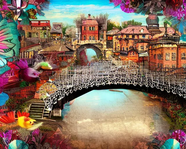 Image similar to detailed bridge with unexpected maximalist elements. 8x HD mixed media 3D collage in the style of a childbook illustration in soft natural tones. matte background no frame HD