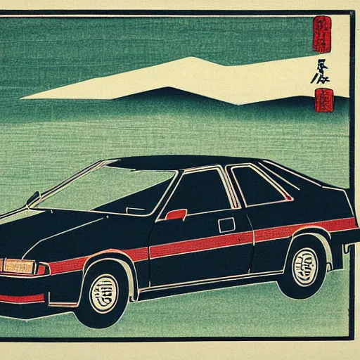 Image similar to japanese woodblock print of a 1 9 8 0 honda civic,