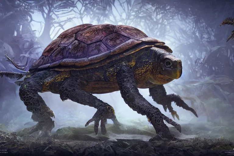 Image similar to a bird turtle tractor hybrid creature monster with metal scales feathers, rich diverse lush alien world, fantasy, science fiction, dramatic lighting, in the style of national geographic, hannah yata, illustration, octane render