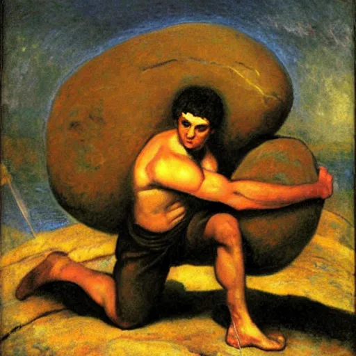 Image similar to a painting of benjamin netanyahu as sisyphus, carrying boulder, by franz stuck