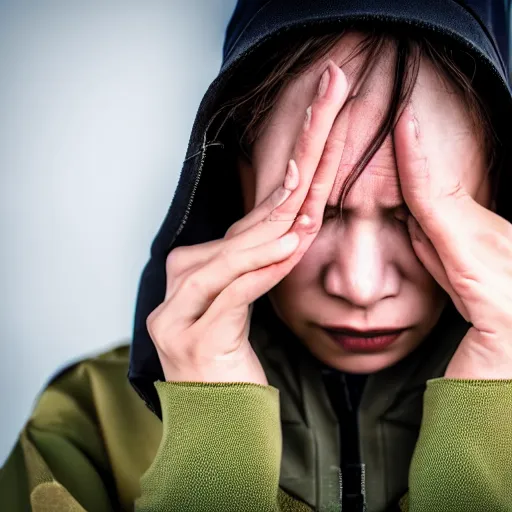 Image similar to photographic portrait of a poor techwear woman holding back tears, closeup, sigma 85mm f/1.4, 4k, depth of field, high resolution, 4k, 8k, hd, full color