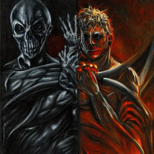 Image similar to The struggle between good and evil, detailed art, dark theme, horror, painting,