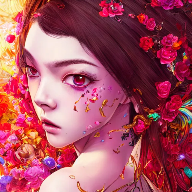 Image similar to studio portrait absurdly beautiful, elegant, lovely, young hypercolorful sensual anime woman rubies red petals gems, ultrafine hyperrealistic detailed face illustration by kim jung gi, irakli nadar, intricate linework, sharp focus, bright colors, matte, octopath traveler, final fantasy, unreal engine highly rendered, global illumination, radiant light, intricate rainbow environment