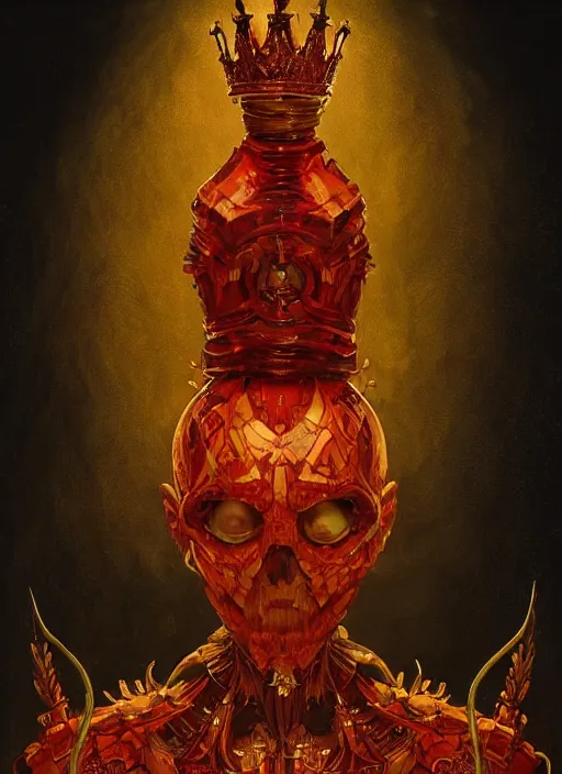 Image similar to A red Skeleton, golden crown, male, fantasy, extremely detailed, digital painting, artstation, concept art, smooth, sharp focus, illustration, stunning lighting, art by artgerm and greg rutkowski and alphonse mucha and simon stalenhag, realistic character concept, high fantasy, dark atmosphere, golden ratio, cinematic lighting, hyperdetailed, high resolution, insanely detailed and intricate, artstation, Marc Simonetti, Greg Rutkowski, 8k