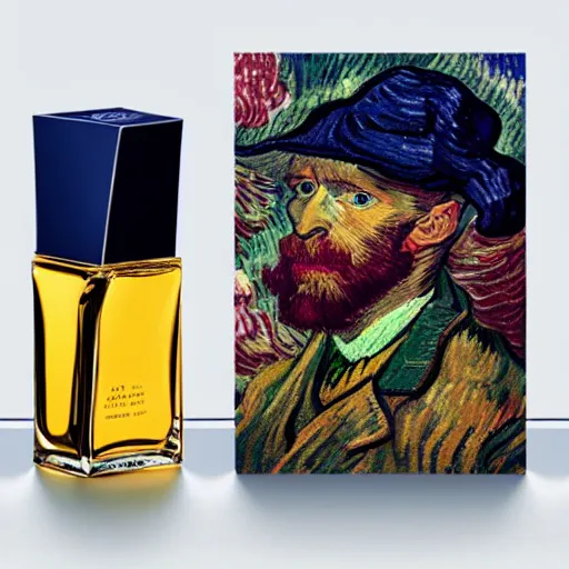Prompt: portrait fragrance packshot by van gogh, highly detailed, saturated colors, fashion