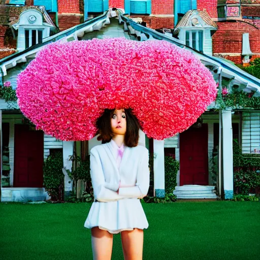 Image similar to giant flower head, full body, girl standing in front of house, surreal photography, symmetry, mid century, flat light, bright colours, blue sky, realistic, wes anderson