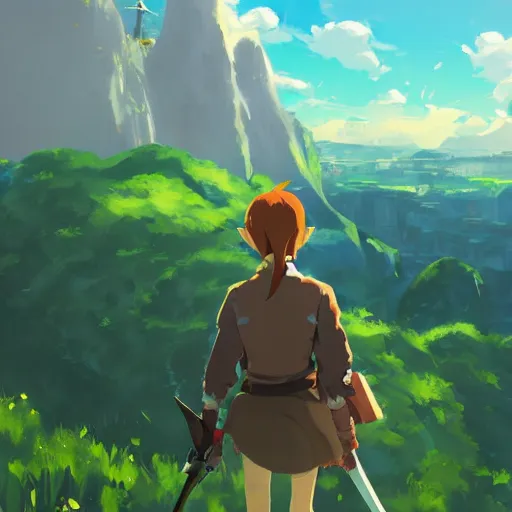 Image similar to cel shaded, toon shaded style, anime key visual, concept art of anime girl, acrylic painting, trending on pixiv fanbox, palette knife and brush strokes, style of makoto shinkai jamie wyeth james gilleard edward hopper greg rutkowski studio ghibli in style of breath of the wild