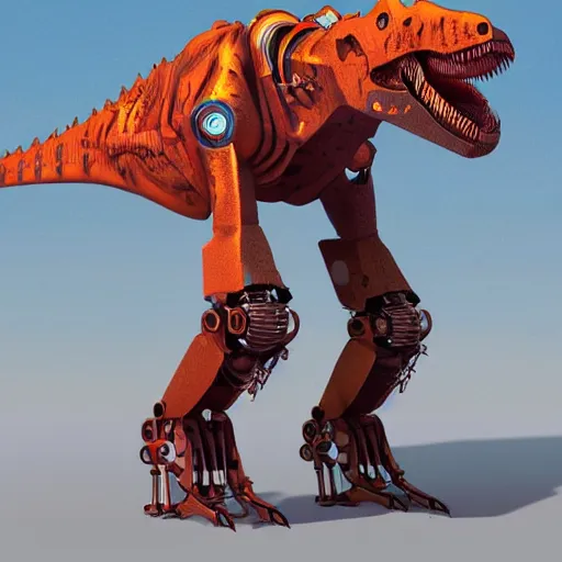 Prompt: a character art rendering of a robot T-rex made of mechanical parts, cartoonish psychedelic paleoart rendering, realistic dinosaur cyborg in the style of simon stålenhag, made with zbrush