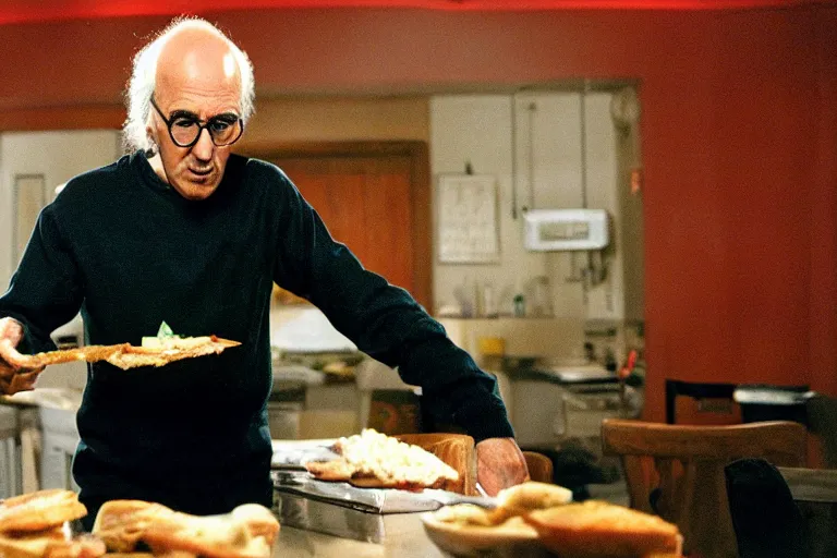 Image similar to larry david eating a sandwich, horror film still, dark atmosphere, found footage, nightmare, unsettling, cinematic, dim lighting, pain, agony, suffering