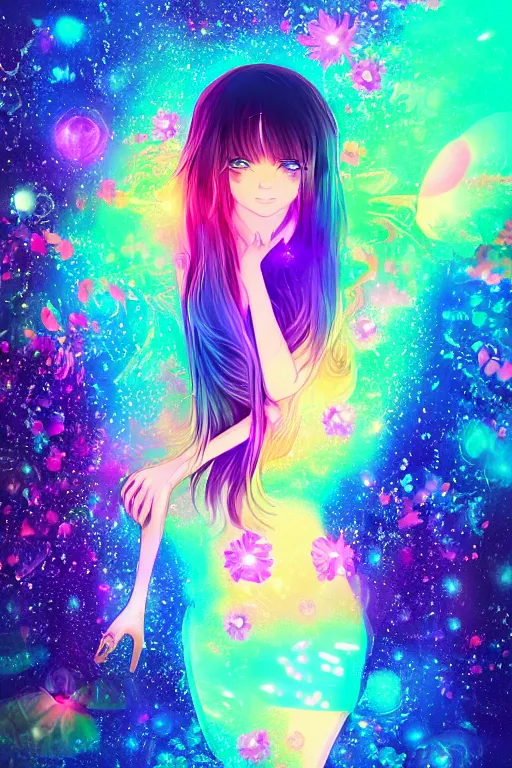Image similar to psychedelic, whimsical, anime, 4k, beautiful intimate woman with professional makeup, long trippy hair, a crystal and flower dress, bathing in a reflective pond, underneath the stars, rainbow fireflies, trending on patreon, deviantart, twitter, artstation, volumetric lighting, heavy contrast, art style of Ross Tran and Ilya Kuvshinov
