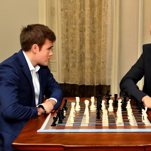 Prompt: magnus carlsen playing chess with vladimir putin,