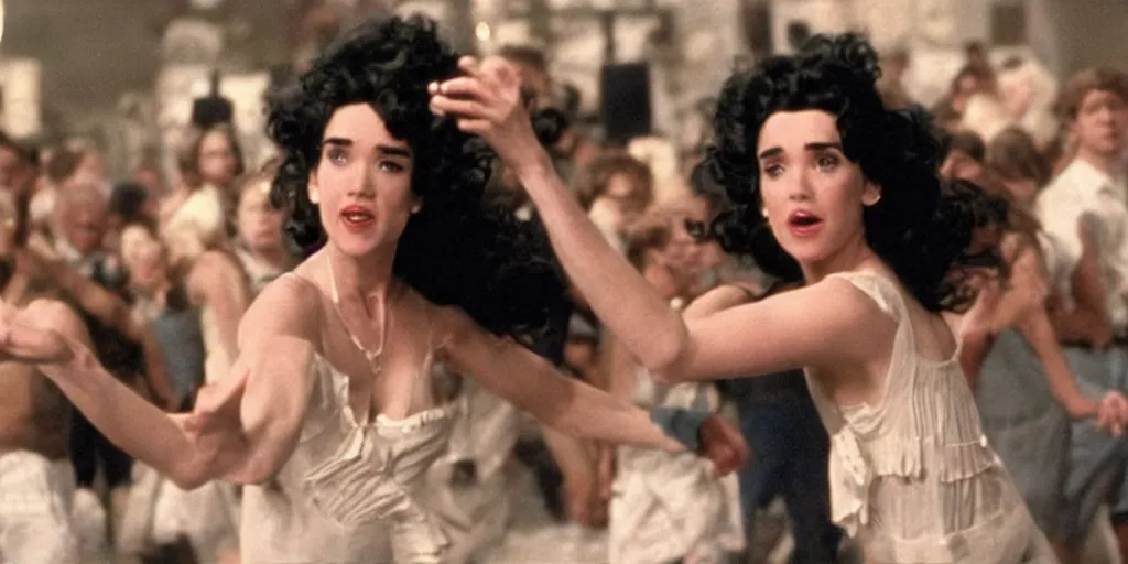 Prompt: scene from a biopic directed by spielberg with jennifer connelly dancing in front of a large crowd in the style of betty boop. a werewolf!!!! hurls in the background. cinematic, highly intricate, 5 0 mm