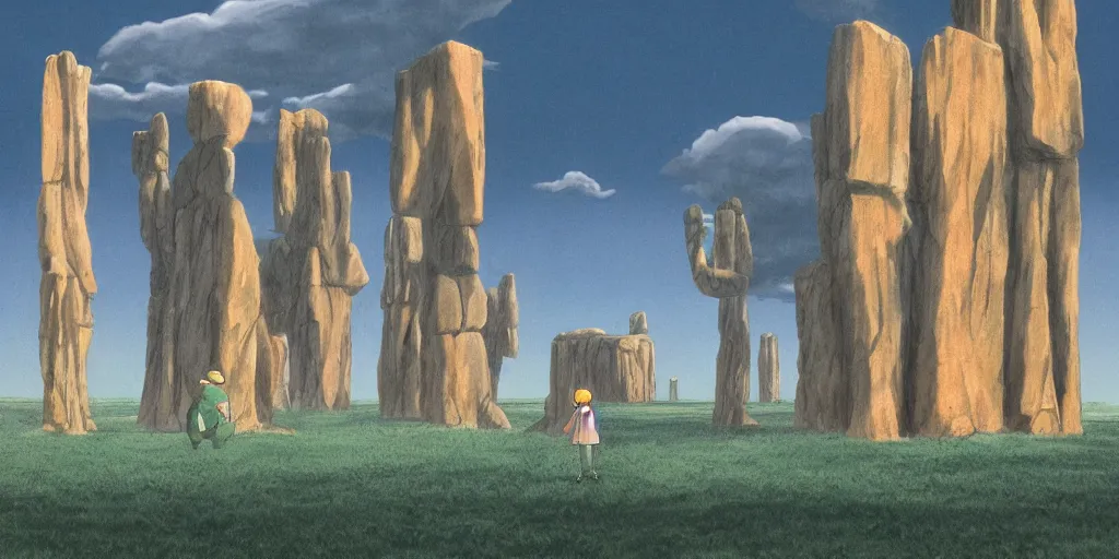 Image similar to a realistic cell - shaded studio ghibli concept art from paprika ( 2 0 0 6 ) of a hairless ape from close encounters of the third kind ( 1 9 7 7 ) in a flooded monument valley stonehenge. very dull colors, wide shot, hd, 4 k, hq