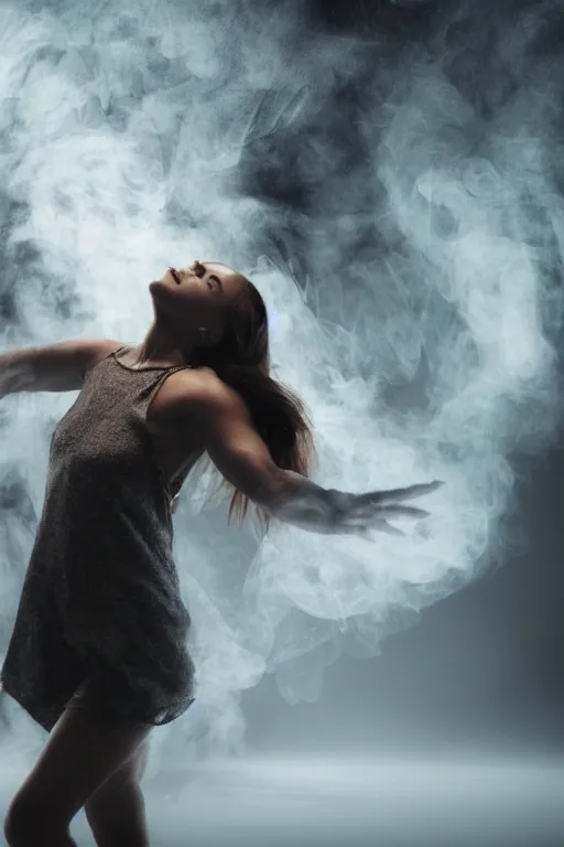 Image similar to a woman turning into smoke, dancing, atmospheric, octane render, volumetric light