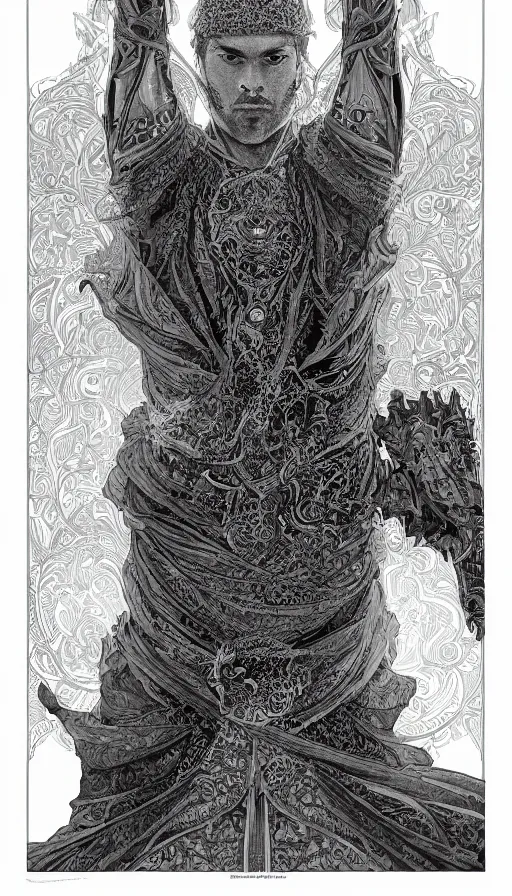 Prompt: a black and white ink fine ink drawing of athief, from of thrones, fibonacci, sweat drops, intricate fashion clothing, insane, intricate, highly detailed, surrealistic, digital painting, artstation, concept art, smooth, sharp focus, illustration, unreal engine 5, 8 k, art by alphonse mucha and travis charest