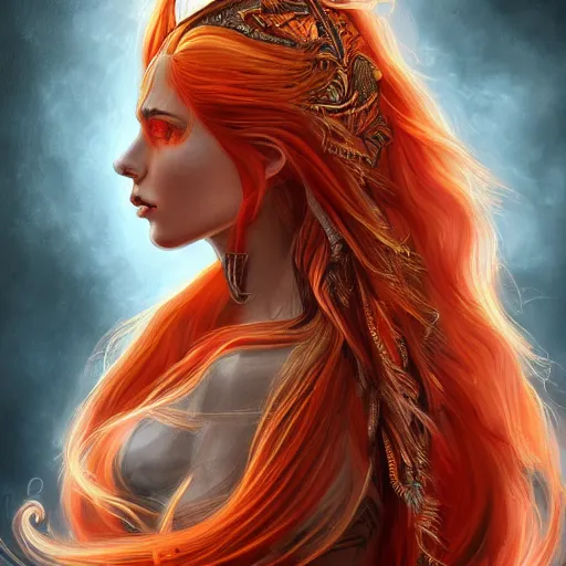 Image similar to A portrait of an attractive young female fire angel, beautiful long fire hair, wearing tumultus flames, intricate, highly detailed, elegant, digital painting, trending on artstation –n 4